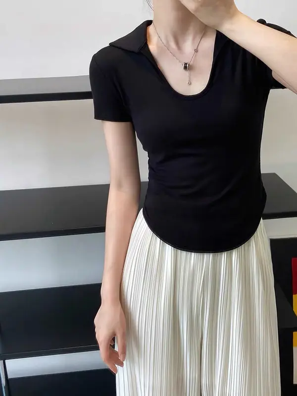 【Premium】U-Neck Short Sleeve Stretchy Basic Collar Top 7107 (S/M/L) 3