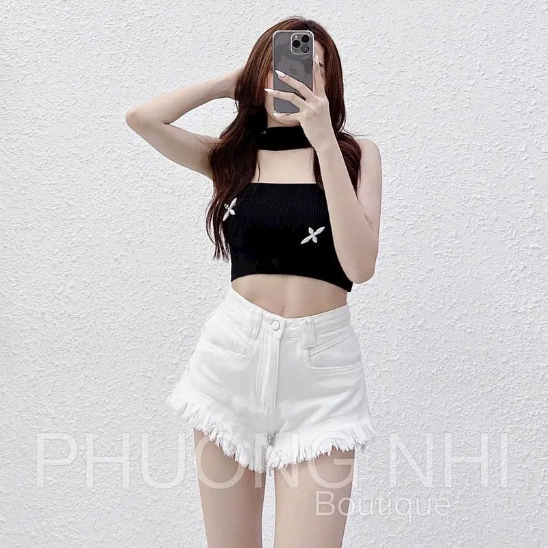 Quần shorts jeans nữ Trơn Tưa Lai lưng cao 3