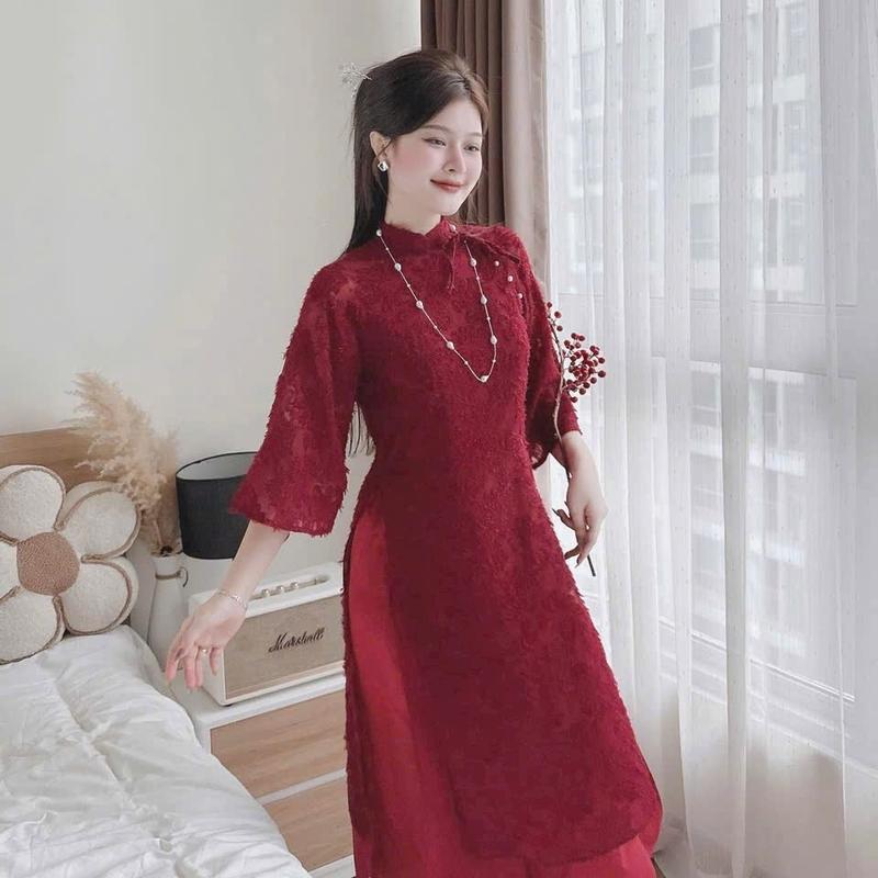 Áo dài cách tân hoa nổi Y20 (kèm quần lụa dài 105cm) áo dài lông vũ, áo dài Tết, áo dài cổ tàu phối quần lụa cổ đính nơ - Akara Closet  Nữ Women Dress - Tết Đỏ Kem | BigBuy360 - bigbuy360.vn