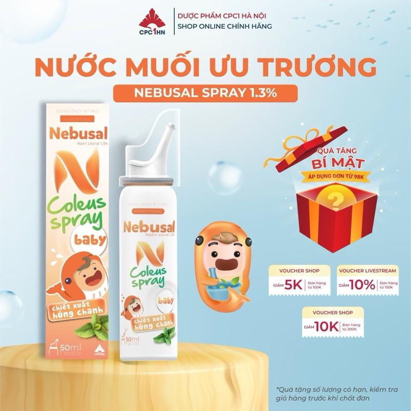 Xịt Rửa Mũi Nebusal Húng Chanh Spray Baby -Nước muối Ưu Trương 1.3% Giảm Nghẹt Mũi, Sổ Mũi, Viem mũi dị ứng chai 50ml Cho Bé