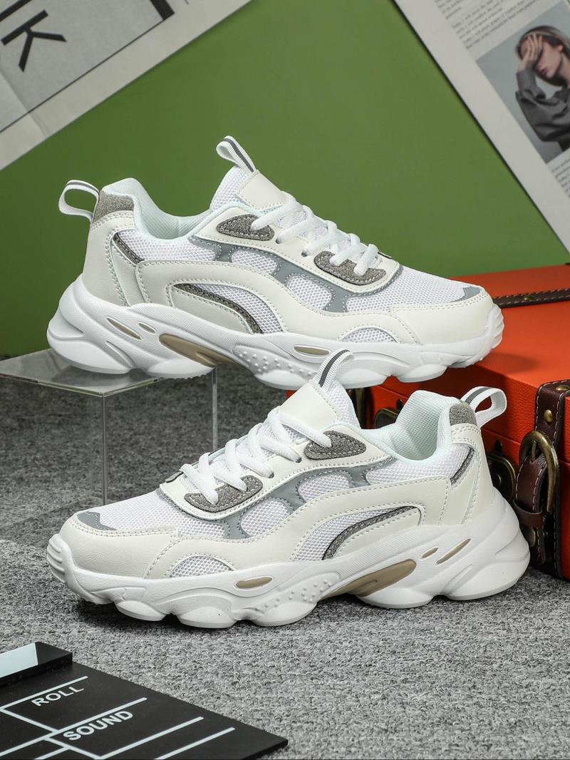 Product Introduction of Men's Fashionable Patchwork Lace Up Low Top Sneakers, Casual Comfortable Breathable Sports Running Shoes, Male All-match Round Toe Chunky Sneakers for Daily Life 1