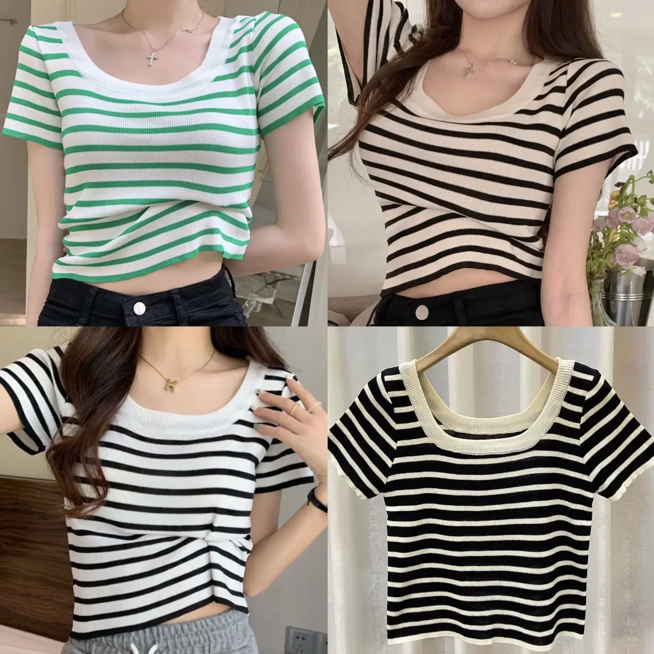 เสื้อไหมพรมลายแถบแนวนอนแบบแขนสั้น เสื้อไหมพรมยืดได้ใส่แบบพอดีตัว สินค้าฟรีไซส์นะคะ