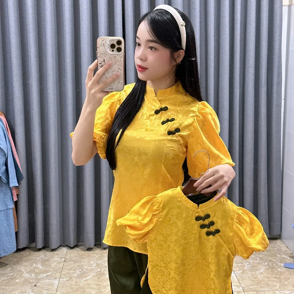 set gấm mẹ và bé gái size 4-70kg đồ gấm tết Áo Top