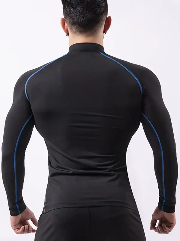 Three-Piece Set Sporty Men's Plain Tracksuit Set, Sport Mock Neck Tee & Drawstring Shorts & Letter Tape Leggings, Men's Sportswear for Gym Workout Running Training 6