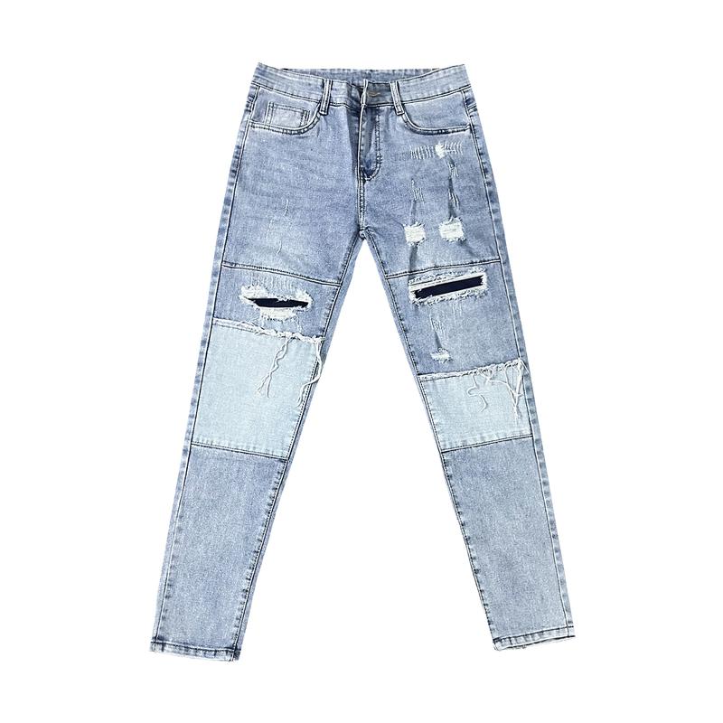 Quần jean nam rách vá gối to chất bò cotton co dãn màu xanh nhạt quần vá da mã QJP3V778TA Pants Menswear Có Túi