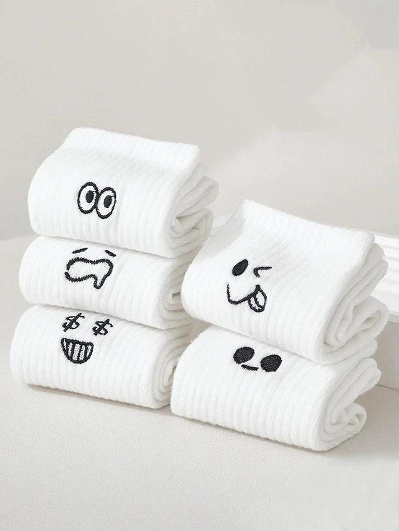 Product Introduction of 5pairs Cute Emotional Expressions Women's Sock White Kawaii Stocking Embroidered Mid Length Socks Breathable Sports Sox 14