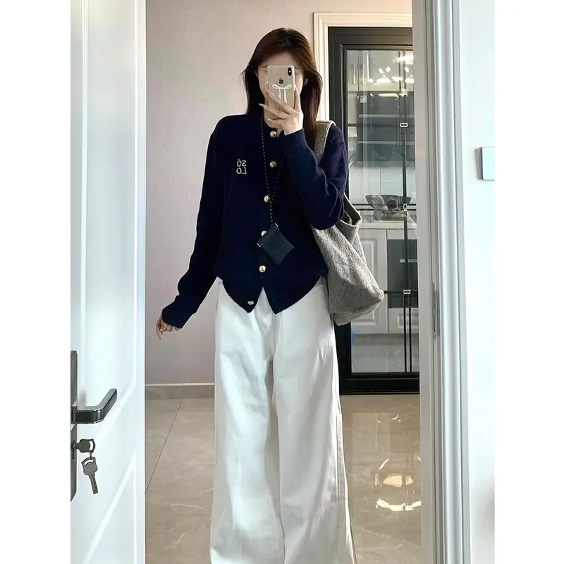 Áo Len, Phong Cách Hàn Quốc, Màu Xanh Navy, Dành Cho Nữ, Thiết Kế Mùa Thu, Nút Kim Loại, Phong Cách Preppy Trông Tựa Dạo, Áo Len 7