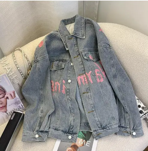 【Ready】Jaket denim wanita/pakaian wanita retro kebesaran/jaket denim logo print pink
