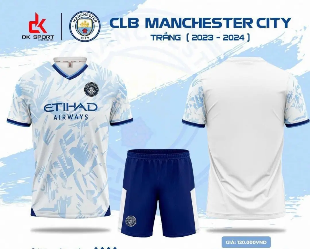 Bộ quần áo bóng đá Manchester City trắng loang- Vải thun lạnh- logo thêu -in TÊN + SỐ theo yêu cầu