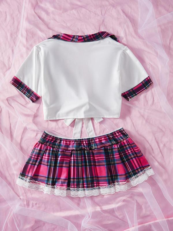 Women's Contrast Binding Tie Front Crop Top & Plaid Print Contrast Lace Skirt Set, Short Sleeve Crop Top & Elastic Waist Short Skirt Set, Valentine's Day Gift, Women's Two-Piece Set For Summer 5