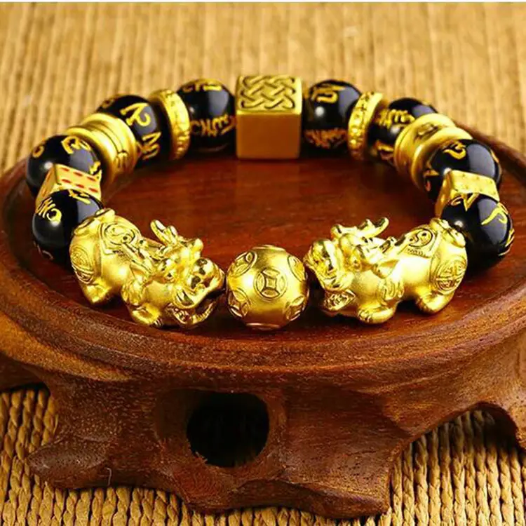Lucky Obsidian Pi Xiu Bracelet-Plated Prayer Beads for Men Six-Child Bracelet Alluvial Pixiu