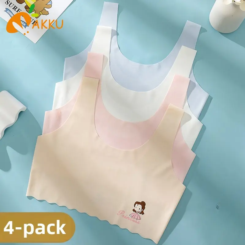 4 Packs Girls underwear princess print girls solid color bandeau no pad no mark vest student breathable bra 9-15 years old AKKU