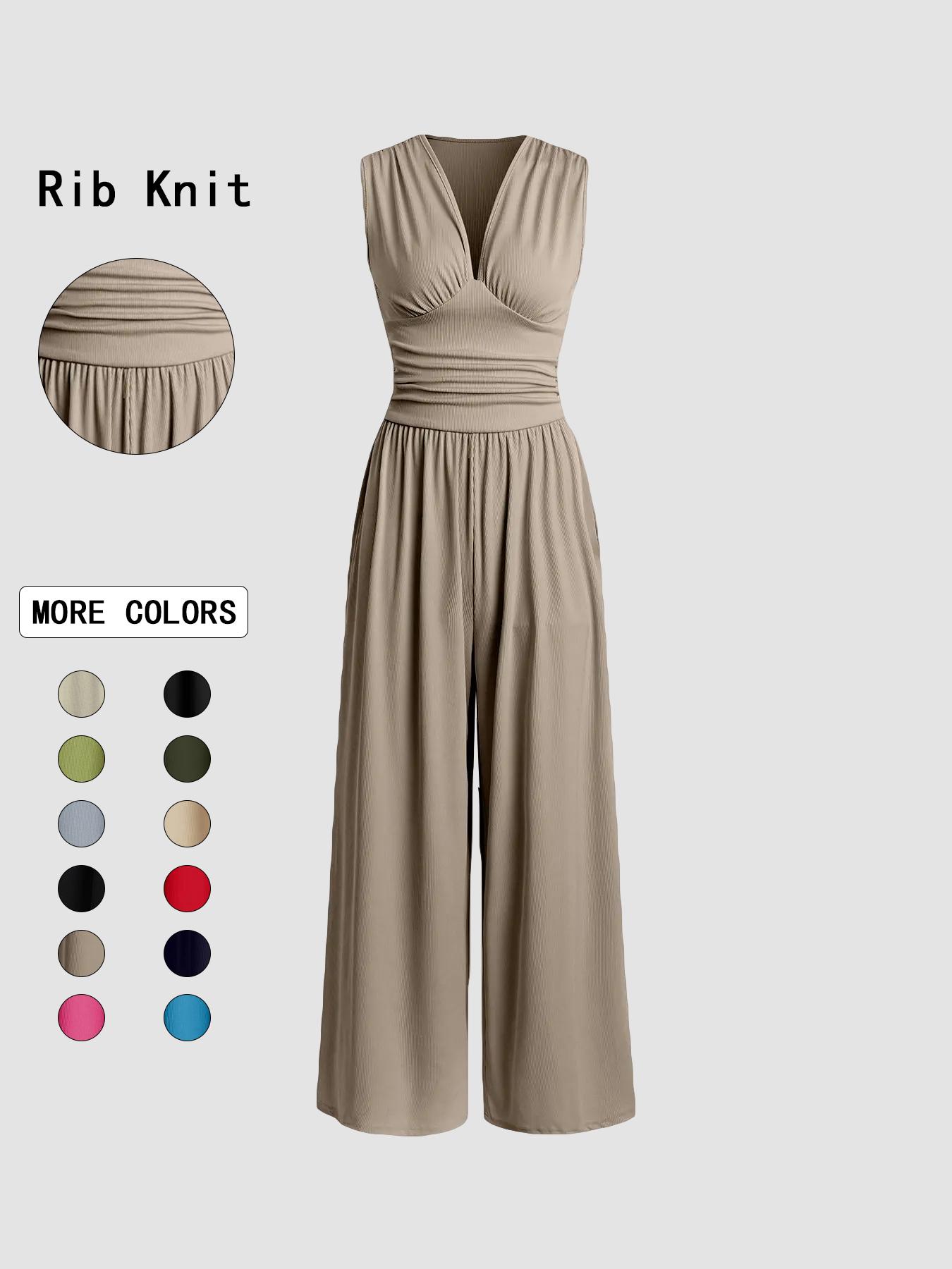 Women's Plain Ruched Deep V Neck Wide Leg Jumpsuit, Sleeveless Ribbed Jumpsuit for Daily Wear, Ladies Clothes for All Seasons, Casual Basic Jumpsuit