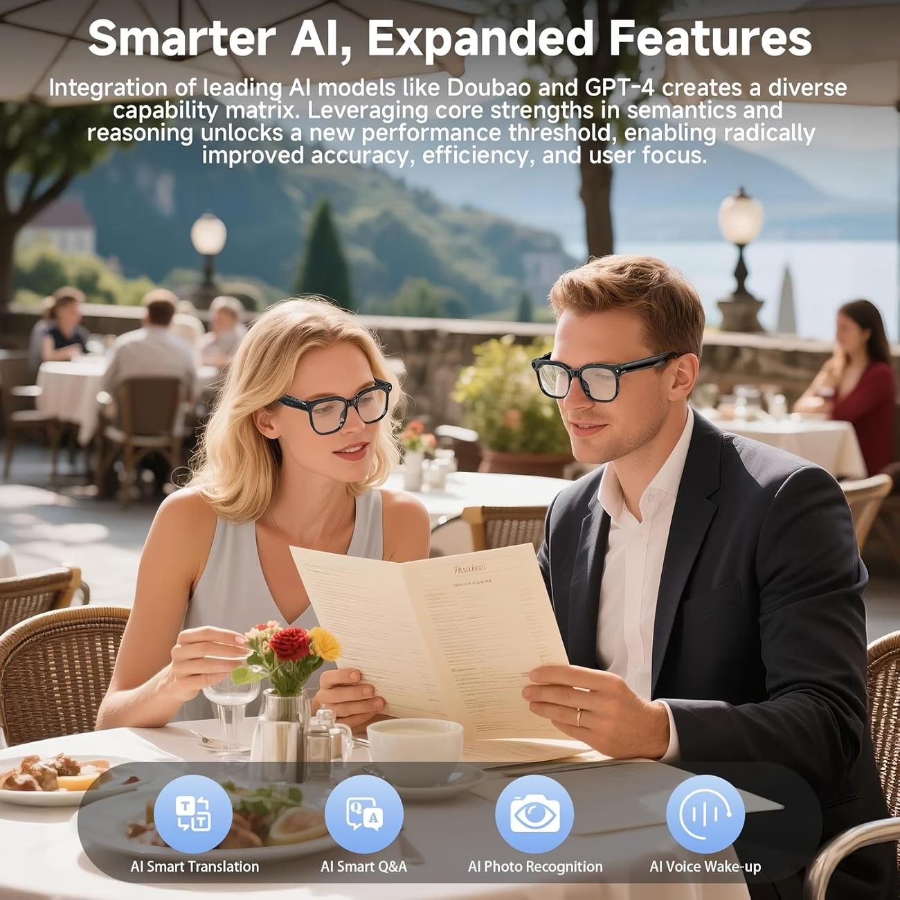 AI Smart Video Glasses, equipped with an 8 megapixel camera, supporting 4K HD video recording, wireless calling and music