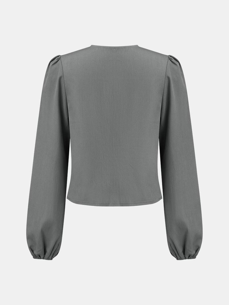 Product Introduction of YOZY Women's Plain Tie Front Bishop Sleeve Blouse, Casual Long Sleeve Tie Neck Top for Daily Wear, Ladies Clothes for All Seasons 11