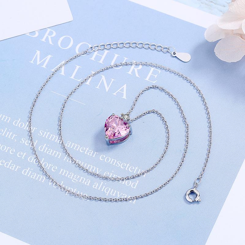 New in 925 Sterling Silver Heart Pink Zircon Women's Neck Chain Necklaces Luxury Jewelry Wholesale Offers With 3