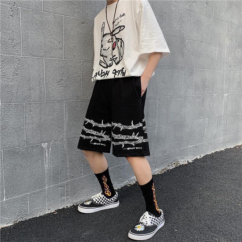 【Men in shorts】American Fashion Hip-Hop Fashion Thorns Printed Pants Teenagers Street Creativity Five Points Straight Shorts Men's Summer 2