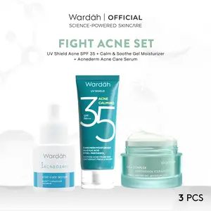 (Exclusive DCT) Paket Wardah Acne Free UV Shield Acne Calming Sunscreen Moisturizer SPF 35 PA+++, Acnederm Serum Dan Gel Moisturizer Cica
