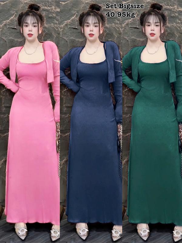 Thời Trang Bigsize - Set Váy Đầm Body 2 Dây + Áo Khoác Thun Tăm cổ tim Hot Hit Nữ Cao Cấp Xinh Đẹp Sang Trọng Dễ Thương Giá Rẻ 40-95kg Én Nhỏ Có Bigsize Nhung Đen Voi Kem Tím - 2416