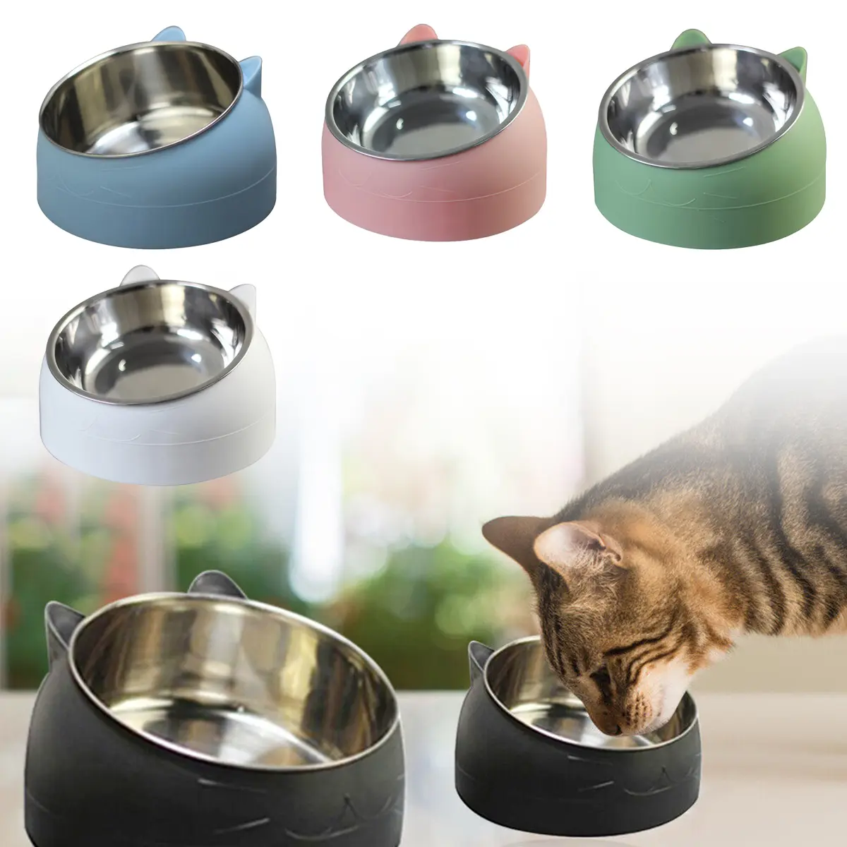1pc Durable Cat Bowl Lovely Creative Inclined Kitten Puppy Food Feeding Bowls Stainless Steel Cats Drinking Feeder Pet Dogs Cats Feeders