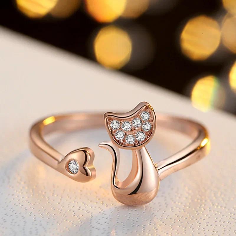 Cute Animal Cat Ring for Women Girls Charm Crystal Zirconia Crystal Inlaid Animal Adjustable Open Rings Party Gifts Jewelry 1