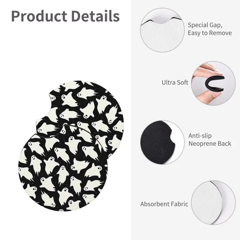 Cute Cartoon Ghost Pattern Car Coaster, 2 Counts Universal Non-slip Car Cup Holder Mat, Cup Mat for Most Car Interior, Car Interior Decoration Accessories 7