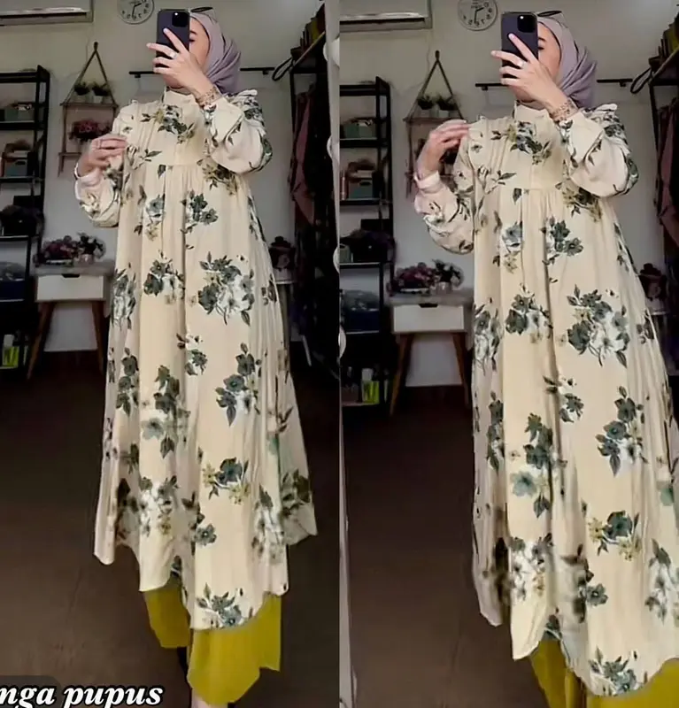 DELVINA ONESET LONG TUNIK || SETELAN MIDI RAYON PREMIUM || SETELAN TUNIK TERBARU KATUN Celana Kulot Airflow Panjang Muslim Wanita 4