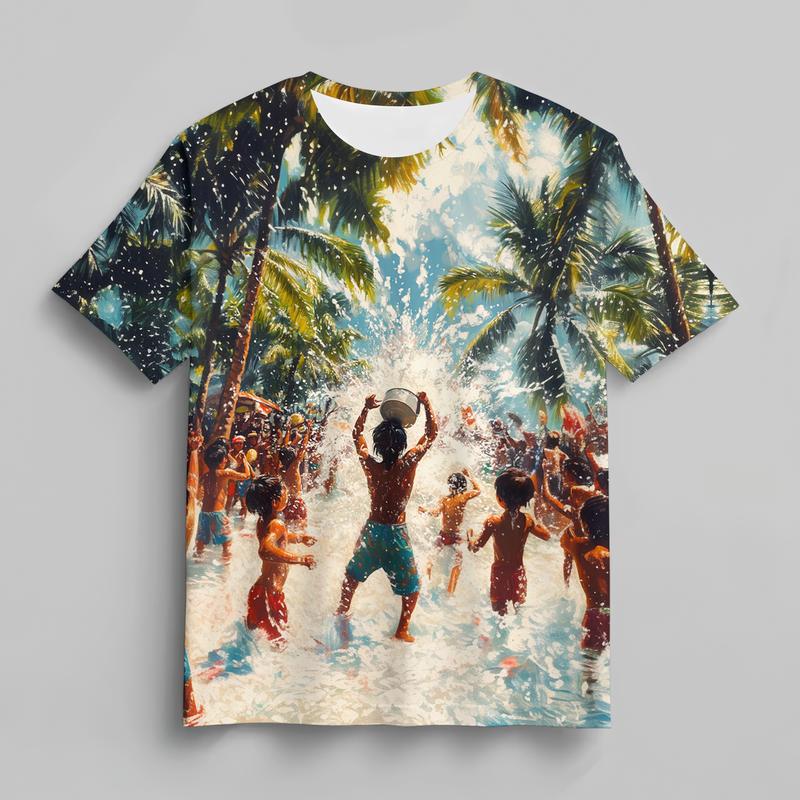 Pakaian Kanak-kanak, Cetakan Gembira Orang Ramai Songkran, Lengan Pendek, Baju-T Cepat Kering, Sambutan Berkat Songkran Gembira, Fesyen Songkran Kanak-kanak, Sesuai untuk Kanak-kanak 1