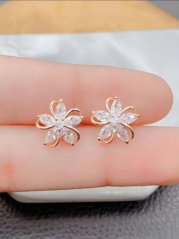 1 Pair Minimalist Elegant Rhinestone Decor Flower Shaped Design Stud Earrings, Fashion Jewelry For Women 5