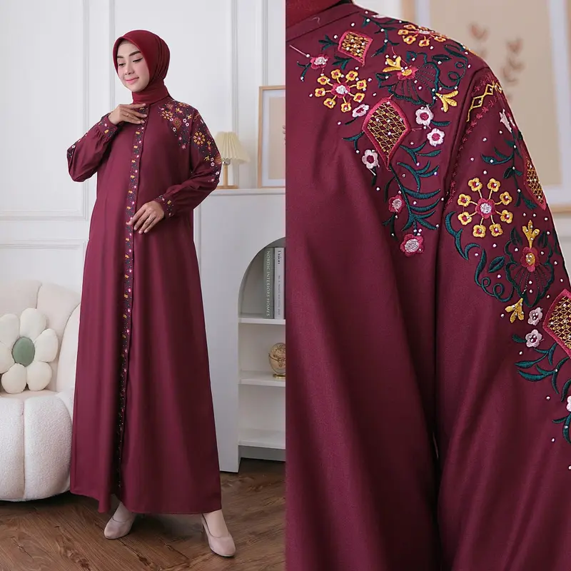 gamis kamelia katun toyobo bordir bunga muslim wanita cod Baju Kancing Dewasa Dress Panjang 1