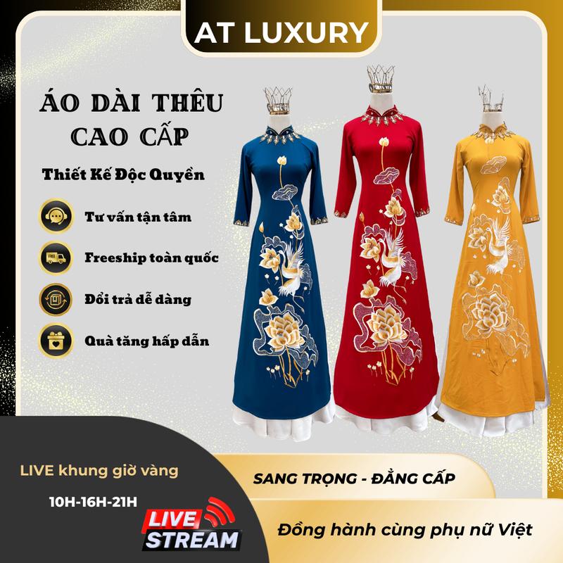 Áo dài mẹ sui thêu hoa sen cổ truyền thống chất liệu vải mango đính kết sang trọng Kem Voan