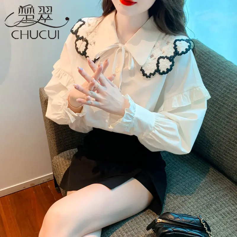 Áo Sơ Mi Nữ, Cổ Búp Bê Ren Cappa, Tay Dài, Thiết Kế Phong Cách Pháp Mùa Thu, Độc Đáo Sang Trọng Áo Voan