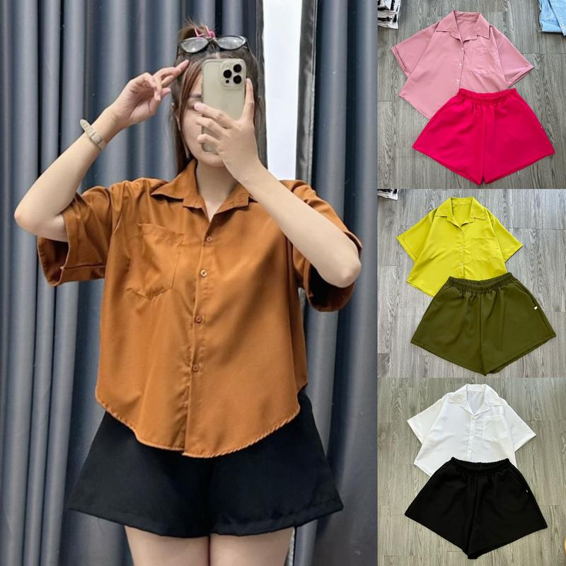 Set Đồ Bộ Bigsize Nữ Áo Sơ Mi Tay Ngắn Lật Lai Kèm Quần Đùi Ống Rộng Lưng Thun Cạp Cao Vải Cotton Lạnh SET913