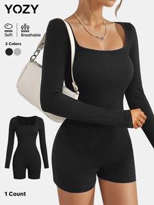 YOZY Women's Solid Long Sleeve Square Neck Skinny Romper, Casual Comfy Tight-fitting Romper for Spring & Fall, Ladies Clothes for Daily Wear