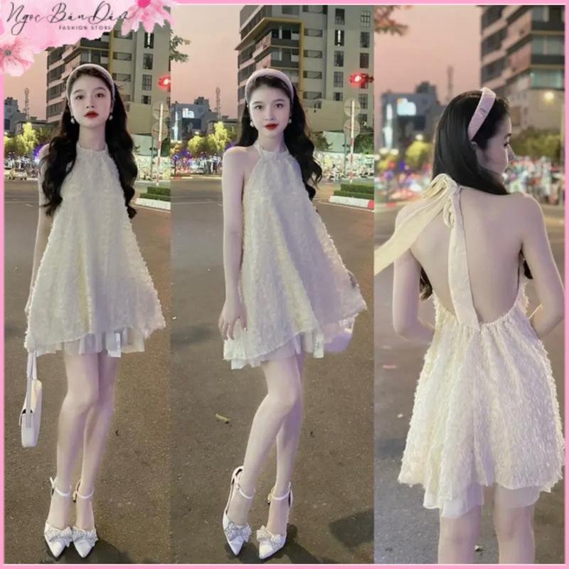 Đầm Váy Cổ Yếm Tua Rua Lông Vũ Hở Lưng Cột Nơ To Dáng Xoè Babydoll Sang Chảnh Có Mút Ngực Hàng Chuẩn + Ảnh Thật