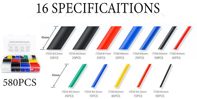 Product Introduction of Spot Goods COD 530-580pcs Heat Shrink Tube 2:1 Thermoresistant Tubing Heat Shrink Wrapping Kit Electrical  Wire Cable Insulation Sleeving 1 Set 4