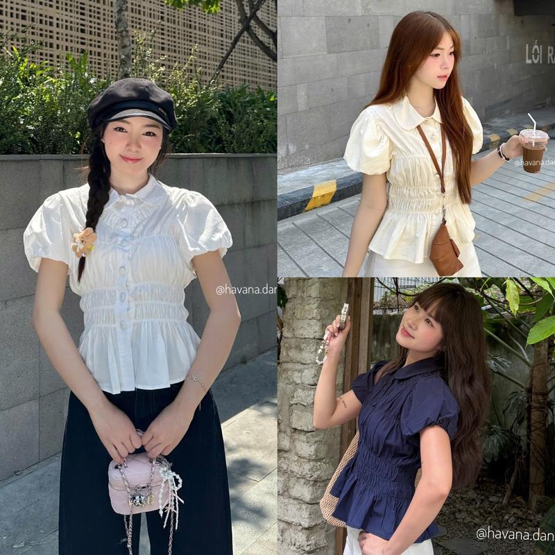 (PB.HAVANA) Áo kiểu nữ KEVA cổ sen tay bồng phối nhún AO437