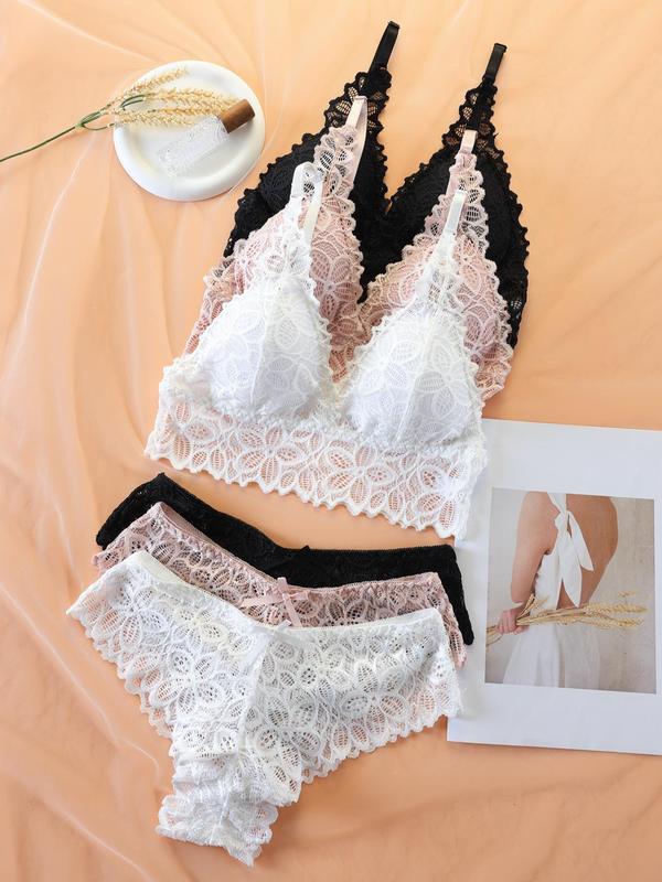 Women's Simple Contrast Lace Wireless Bra & Bow Panty Set, Lady Adjustable Spaghetti Strap Bralette & Knicker, Comfort Summer Clothes, Lingerie & Underwear Set, Underwear for Women, Co Ords for Women Womenswear Comfortable White 0