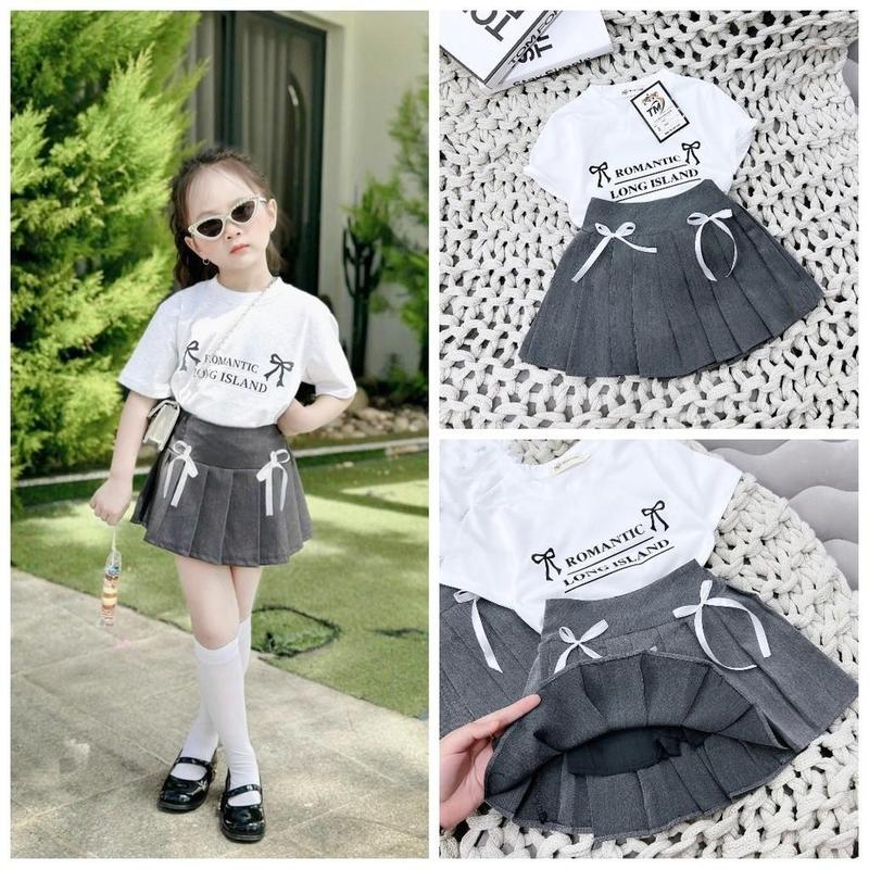 Set Áo Phông Trắng In Chữ+ Chân Váy Xếp Ly Sành Điệu Dành Cho Bé Gái 10-30kg (1-8 tuổi)