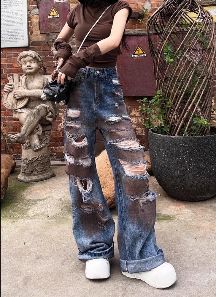 Product Introduction of Retro Tattered Jeans Jeans Women's Summer Thin New Tie-Dyed Slimming High Waist Straight High Street Design Sense Mop Pants 3