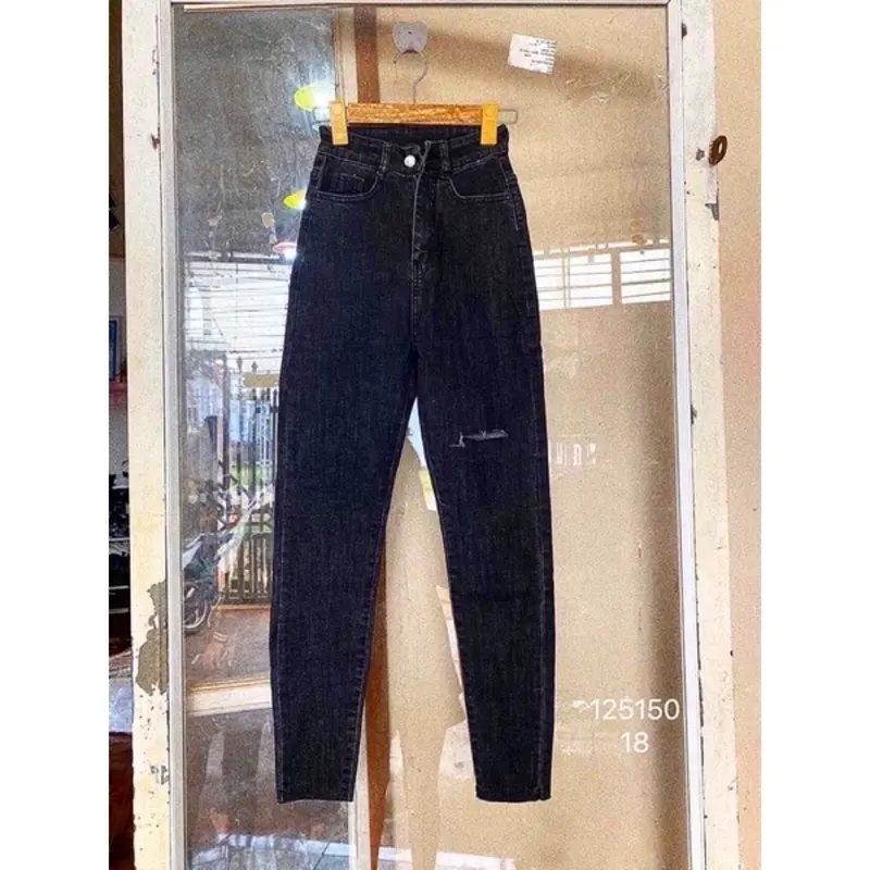 [Size 60kg->95kg] Quần Dài Jean Đen Muối Tiêu Trơn/ Rách 1 Đùi Lai Tua - Co Giãn Mạnh - Lưng Siêu Cao, Nữ Denim Tua Rua Pants 2