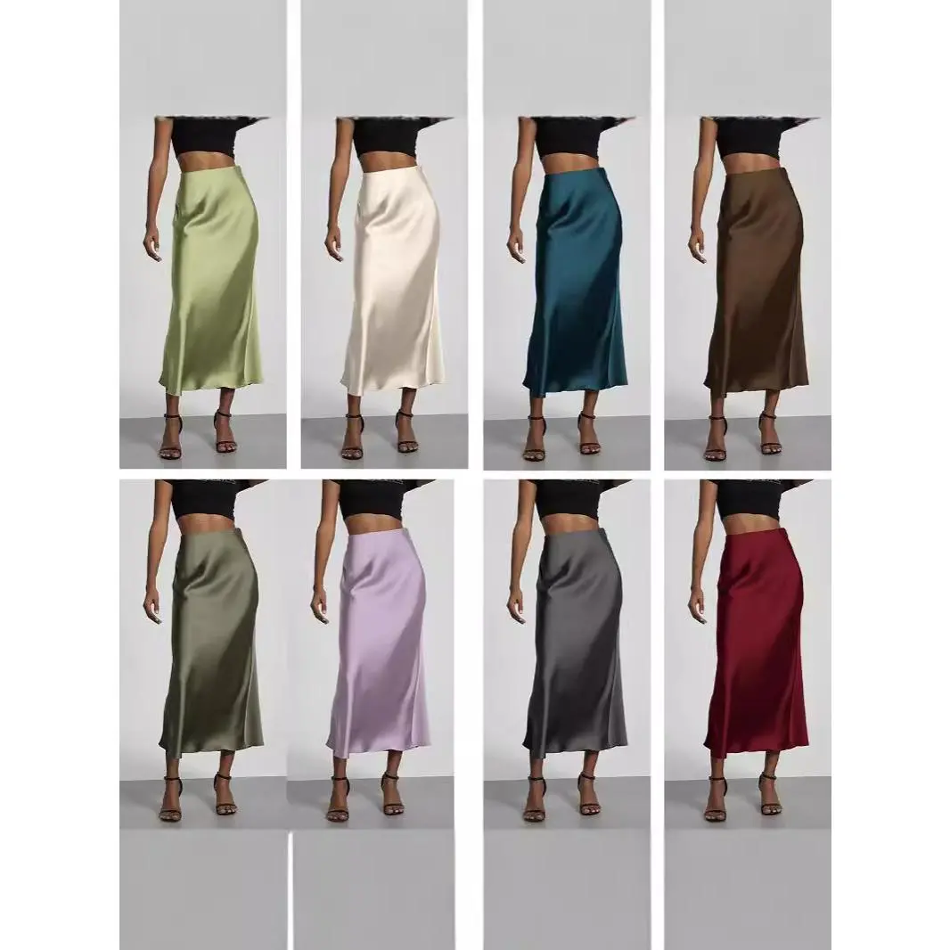 Wholesale Women's Fashion Cross-border European and American Style Elegant Silky Satin Midi Skirt Slimming Flowing Mid-length Skirt Summer