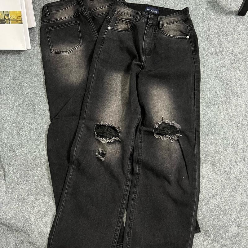 Kang (S-2Xl) Quần Jeans Suông Rách Màu Đen Wash 2 bênWomen Pants 7