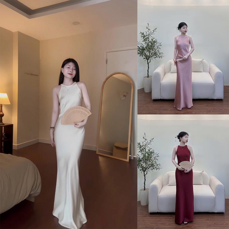 Đầm Lụa Cổ Yếm Form Dài Không Dây Kéo, Không Mút, Một Lớp Nữ Dress Women - LYC