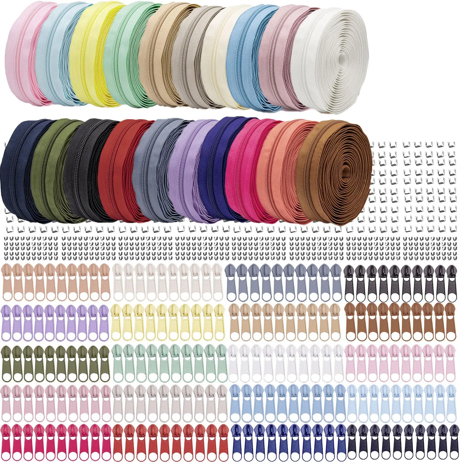 Colorful Zipper Set, 5 Sets/20 Sets (Different Color Combinations) Zipper & Zipper Head Set, DIY Zipper Replacement for Clothes, Bag, Home Textiles