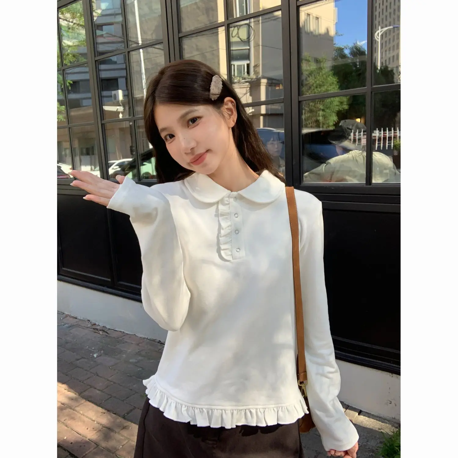 Áo Thun Dài Tay Màu Trắng Ngọt Ngào Phong Cách Preppy Thiết Kế Áo Polo Tai Khâu, Ren Cơ Sở, Áo Dễ Phối Đồ Hàng Mới Về