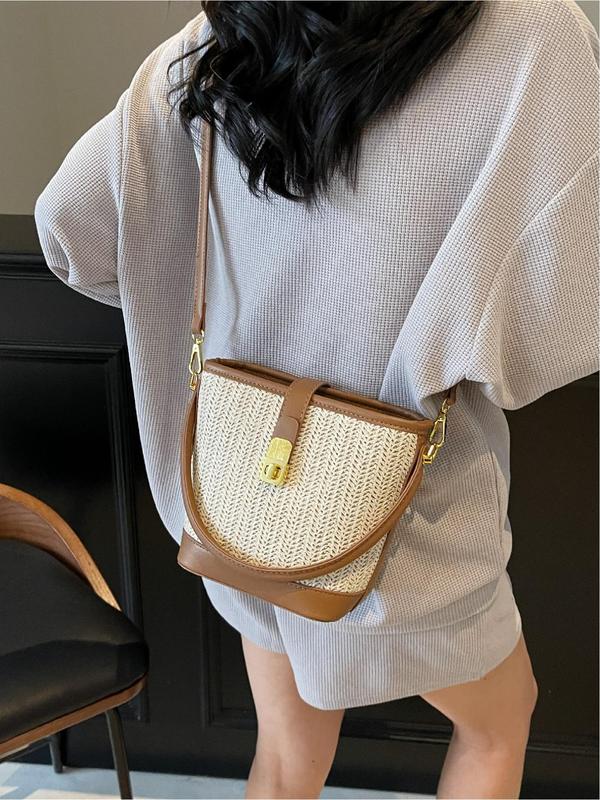 Fashionable Colorblock Straw Handbag, Casual Versatile Shoulder Bag for Women, Trendy All-match Bag for Daily Use 4