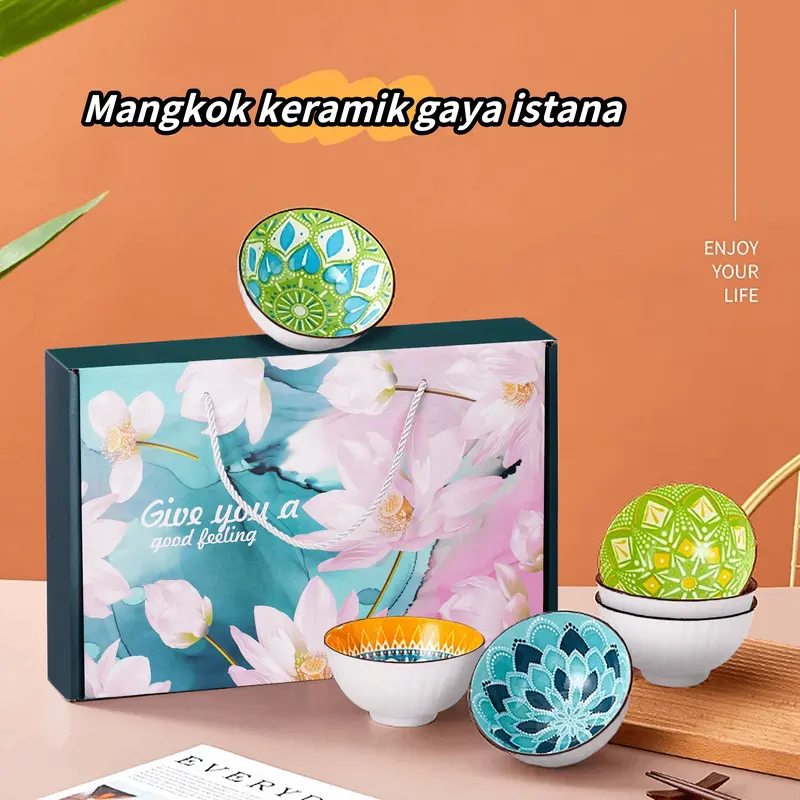 {SNI} HOMESTUFF Mangkok Set Premium Motif Warna-Warni / Hampers Mangkok souvenir Hadiah / Mangkok Set Gaya Istana / Garansi 1