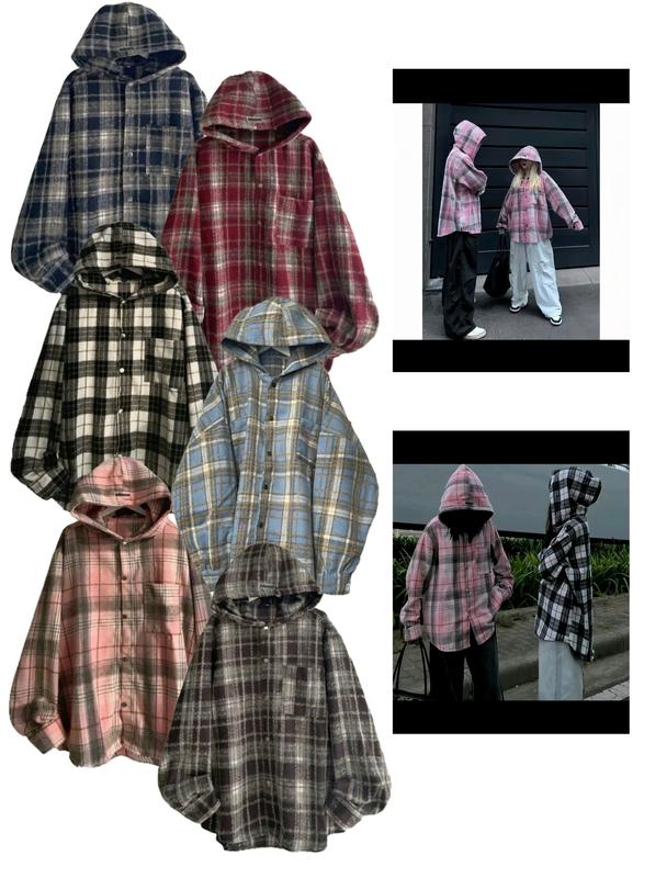 HG - Áo Sơ Mi Áo Khoác Chống Nắng Thời Trang Nam Nữ Chất Nỉ Dạ Flannel Dài Tay Kẻ Caro Có Mũ. Size 45-85kg. Jacket Menswear Nhung