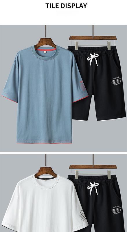 Product Introduction of New Leisure Sports Suit Men's All-Cotton Short-Sleeved T-shirt Shorts Set Workout Clothes Two-Piece Set 25